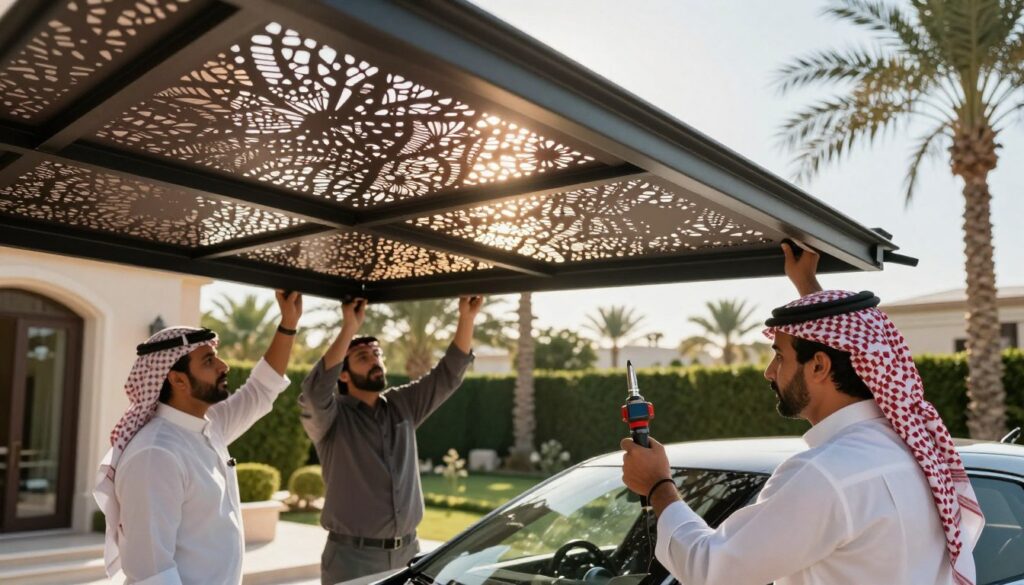 A professional team of technicians in business attire is carefully installing custom laser-cut car shades and outdoor canopies at a luxurious villa in Saudi Arabia. In the foreground, focus on the technicians as they work with precision tools, demonstrating attention to detail and craftsmanship. In the middle ground, showcase the beautifully designed laser-cut shades, highlighting intricate patterns and textures, with sunlight filtering through to create beautiful shadows. The background features a serene garden setting, with palm trees and a clear blue sky, creating a warm and inviting atmosphere. Use soft, natural lighting to emphasize the professionalism and quality of the installation process, while capturing the essence of outdoor luxury living.