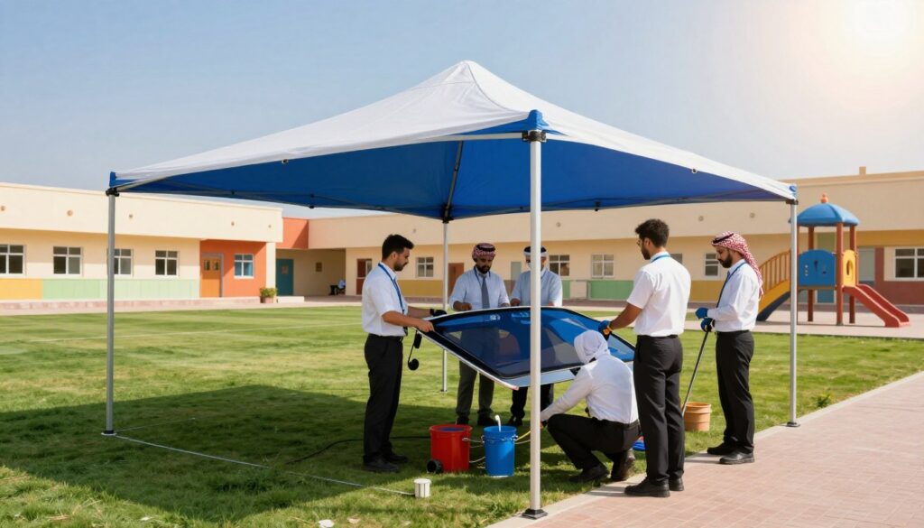A professional team of technicians in business attire skillfully installing custom car shades and outdoor canopies in a schoolyard setting in Dammam, Saudi Arabia. In the foreground, the technicians are seen working together, using tools and equipment to set up a striking blue and white canopy that provides shade over a playground area. The middle ground features colorful school buildings and well-maintained grassy fields, evoking a sense of community and safety. In the background, clear blue skies and the warmth of the sun create a bright, uplifting atmosphere. The overall mood is one of efficiency and teamwork, showcasing a commitment to enhancing outdoor spaces for children's protection and comfort. Focus on sharp details and vibrant colors.