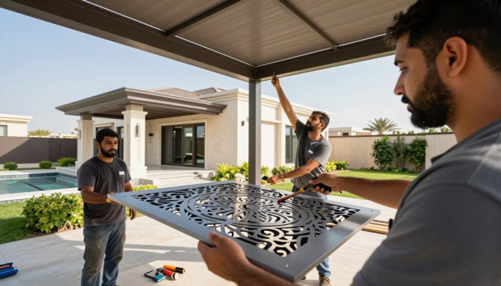 A professional team of technicians meticulously installing laser-cut shade structures at a modern villa in Jubail, Saudi Arabia. In the foreground, focus on a skilled worker holding a detailed laser-cut panel with intricate designs, showcasing craftsmanship. In the middle ground, another technician is using tools to secure the panel into place, emphasizing teamwork. The background features a luxurious villa with contemporary architecture, surrounded by lush landscaping under a clear blue sky. The scene is well-lit with natural sunlight, creating a warm, inviting atmosphere, highlighting the precision and quality of the installation process. The camera angle is slightly elevated, capturing both the action and the elegant setting.