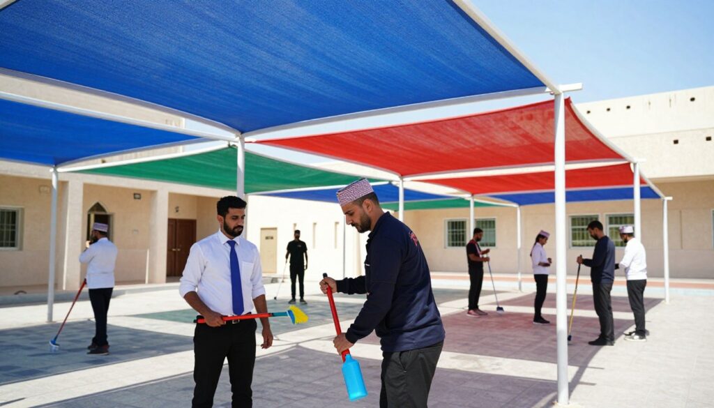 A professional team of workers, dressed in smart casual clothing, meticulously cleaning a series of colorful outdoor canopies at a school in Qatif, Saudi Arabia. In the foreground, a worker is using a brush and cleaning solution while another stands nearby, inspecting the shade structures. The middle ground features the vibrant canopies with shades of blue, red, and green, creating a playful atmosphere. In the background, the school building can be seen, showcasing traditional architecture against a clear blue sky. The dazzling sunlight filters through the fabric, casting gentle shadows on the ground. The mood is cheerful and industrious, highlighting the importance of maintaining these structures for the benefit of students. The scene is captured from a slightly elevated angle to emphasize the canopies' colors and the teamwork involved in the cleaning process.
