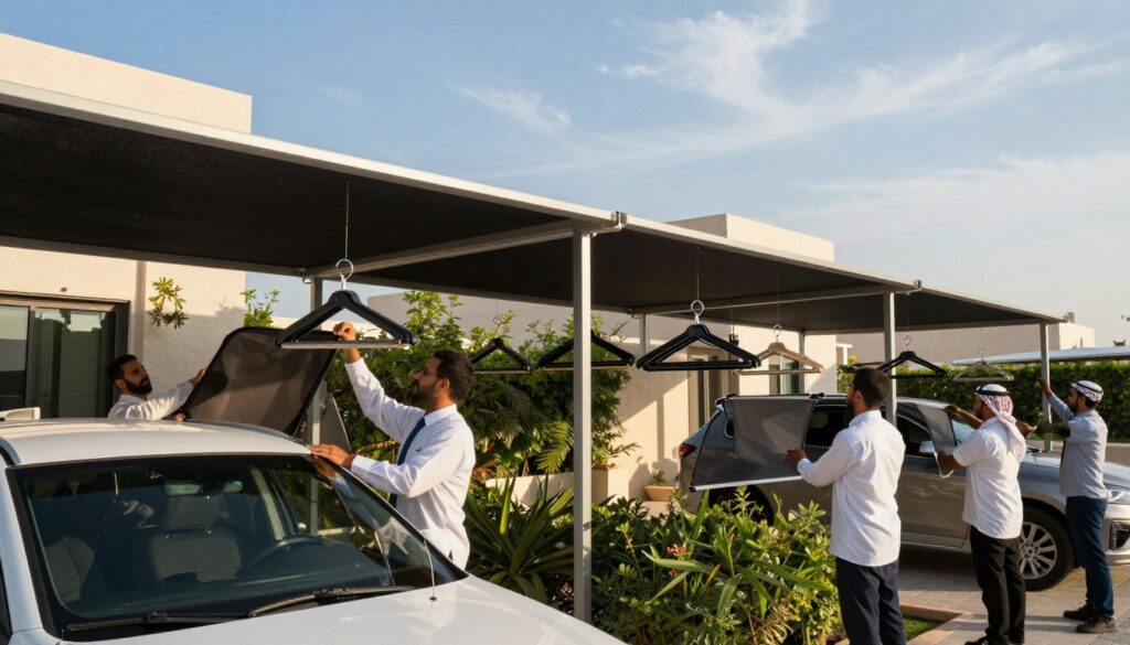 A professional team of workers in business attire installing custom car shades and outdoor canopies for modern villas in Jubail, Saudi Arabia, in the foreground. The middle ground features a selection of sleek, contemporary commercial hangers, showcasing various designs and materials, surrounded by lush greenery. The background includes a clear blue sky with a few wispy clouds, highlighted by warm, natural sunlight that casts soft shadows, creating an inviting atmosphere. A wide-angle perspective captures the intricacies of both the installation process and the architectural beauty of the hangers. The overall mood is one of professionalism and innovation, emphasizing quality and practicality in selecting industrial and commercial hangers for the region.