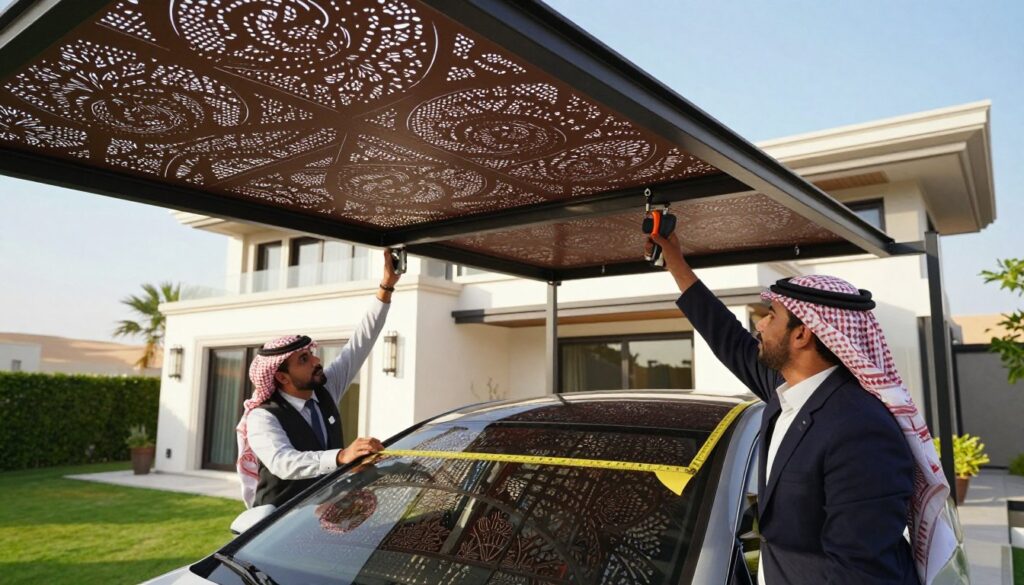 A professional team of workers in business attire installing custom laser-cut car shades and outdoor canopies for a modern villa in Saudi Arabia. In the foreground, focus on two installers collaborating, one measuring while the other secures the canopy with precision tools. The middle ground features a beautifully designed villa with contemporary architecture and lush greenery around it. In the background, capture a clear blue sky and hints of the surrounding desert landscape. Use natural sunlight to create a warm, inviting atmosphere, highlighting the intricate designs of the laser-cut shades. The angle should be slightly low to emphasize teamwork and the elegance of the installation process.