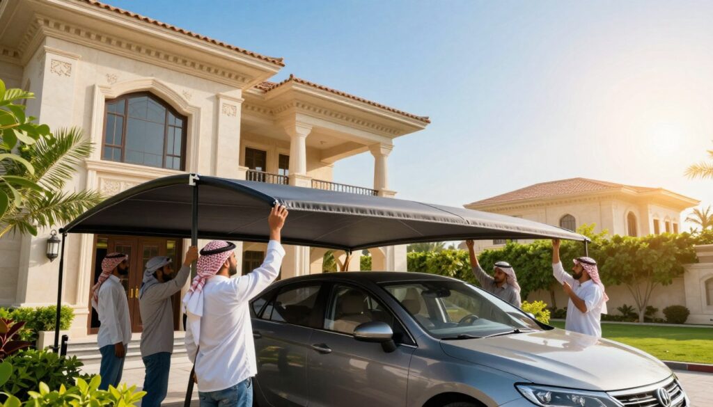 A professional team of workers in modest attire installing custom car shades and outdoor canopies outside an elegant villa in Dammam, Saudi Arabia. The foreground features the team actively engaged in setting up a stylish, modern car shade, emphasizing teamwork and craftsmanship. The middle ground showcases a beautifully designed villa with lush greenery and a clear blue sky, enhancing the sense of luxury. In the background, a bright sun casts soft, warm light, creating an inviting and vibrant atmosphere. The image captures the essence of "شركة مظلات وسواتر الشرقية" as a leader in outdoor shade solutions, with a focus on quality and design harmony in the scenic Dammam setting.