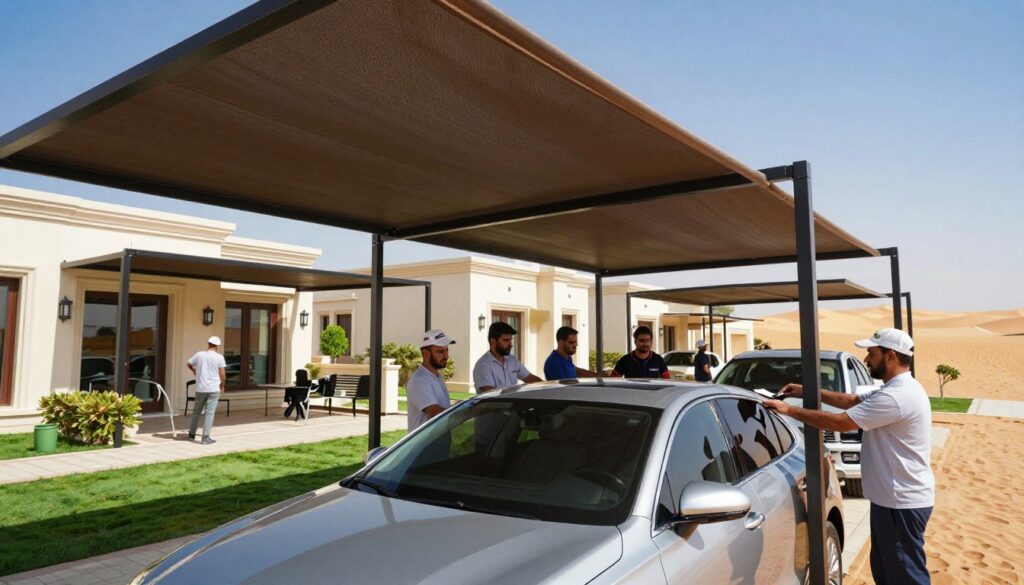 A professional team of workers in modest business attire is installing custom car shades and outdoor canopies for luxurious villas in a sunny, vibrant Saudi Arabian landscape. In the foreground, focus on the team as they skillfully attach a large, stylish shade structure, showcasing their expertise and collaboration. The middle ground features several elegant villas with well-maintained gardens, partially shaded by the canopies. In the background, the clear blue sky and distant sand dunes paint a picturesque scene. The lighting is bright and uplifting, capturing the warmth of the sun while providing a sense of professionalism and efficiency. The overall atmosphere conveys an image of quality service, craftsmanship, and the ideal solution for outdoor shade needs. A professional team of workers in modest business attire is installing custom car shades and outdoor canopies for luxurious villas in a sunny, vibrant Saudi Arabian landscape. In the foreground, focus on the team as they skillfully attach a large, stylish shade structure, showcasing their expertise and collaboration. The middle ground features several elegant villas with well-maintained gardens, partially shaded by the canopies. In the background, the clear blue sky and distant sand dunes paint a picturesque scene. The lighting is bright and uplifting, capturing the warmth of the sun while providing a sense of professionalism and efficiency. The overall atmosphere conveys an image of quality service, craftsmanship, and the ideal solution for outdoor shade needs.