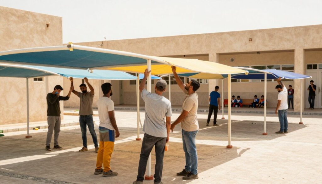 A professional team of workers in modest casual clothing, diligently installing colorful school canopies in a bright, sunny environment in Qatif, Saudi Arabia. The foreground features a few workers carefully assembling the structure, showcasing the hardware and fabrics used in the shade covers. In the middle ground, the half-installed canopies provide glimpses of their vibrant colors, casting soft shadows on the ground. The background highlights a school building with students safe and comfortable beneath the newly assembled shelters, encouraging a sense of security and protection. Use natural sunlight to create warm, inviting lighting that enhances the atmosphere of safety and community. The image captures the importance of school canopies and the dedication of the installation team.