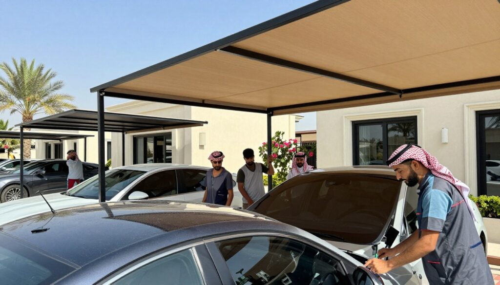 A professional team of workers in smart casual attire, diligently installing custom car shades and elegant outdoor canopies for luxurious villas in Dammam, Saudi Arabia. In the foreground, the team is focused on aligning the structures, showcasing their expertise and collaboration. The middle ground features sleek, modern villas with beautiful landscaping, surrounded by palm trees and flowering plants, exuding an inviting atmosphere. In the background, clear blue skies add to the warm, sunny ambiance typical of Dammam. The lighting is bright and natural, with soft shadows created by the canopies, emphasizing the intricate details of the installations. The overall mood is one of accomplishment and professionalism, reflecting successful projects in the region.
