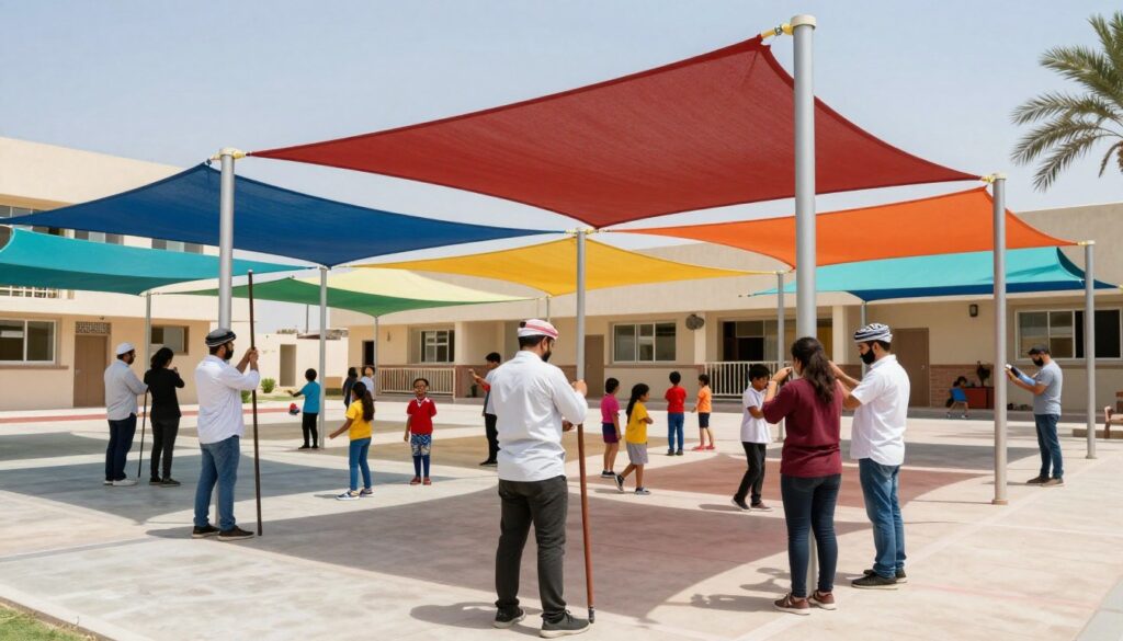 A professional team of workers in smart, casual attire installing large, colorful school canopies in a sunny schoolyard setting in the eastern region of Saudi Arabia. In the foreground, workers are assembling poles and securing fabric to provide shade. The middle layer displays the vibrant, finished canopies creating a protective area for students beneath, while cheerful children can be seen engaging in activities safely under the canopies. In the background, the school building is visible alongside palm trees typical of the region, under a clear blue sky. The lighting is bright and natural, capturing the lively atmosphere of a school day, with a sense of collaboration and safety highlighted in the scene, using a wide-angle lens to encompass all elements in a harmonious composition.