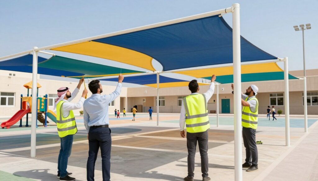 A professional team of workers installing custom outdoor canopies and car shades for a school playground in Dammam, Saudi Arabia. In the foreground, show three diverse individuals wearing business attire and safety vests, actively collaborating as they measure and adjust the shade structures. In the middle ground, highlight a well-designed, partially installed canopy, showcasing vibrant colors that harmonize with the school's environment. The background should depict a sunny schoolyard with children playing and school buildings, with clear blue skies to enhance the cheerful atmosphere. The image should be bright and well-lit, captured from a slightly elevated angle to provide a comprehensive view of the team's work and the surroundings, evoking a sense of professionalism and teamwork.