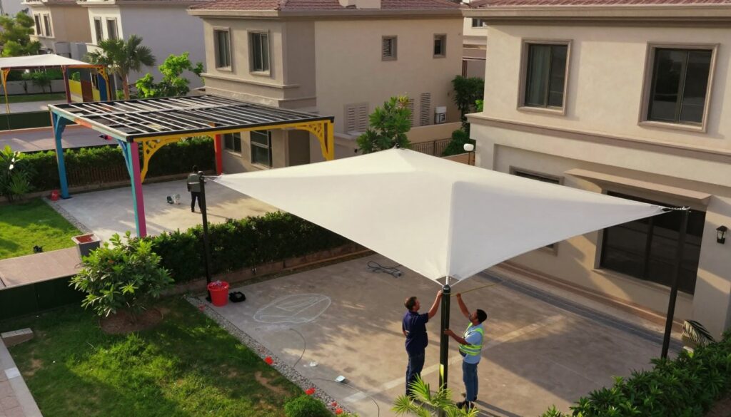 A professional team of workers installing custom shade structures in a residential area, surrounded by modern Saudi villas. In the foreground, two technicians in professional attire are carefully measuring and positioning a sleek, contemporary shade sail. The middle ground showcases partially installed structures with vibrant colors, highlighting their intricate designs. In the background, lush green landscaping and well-maintained gardens enhance the suburban charm. The scene is illuminated by warm, golden sunlight, casting long shadows that accentuate the details of the installation. Capture this in a slightly elevated angle to provide a clear view of the installation process while maintaining a welcoming atmosphere.
