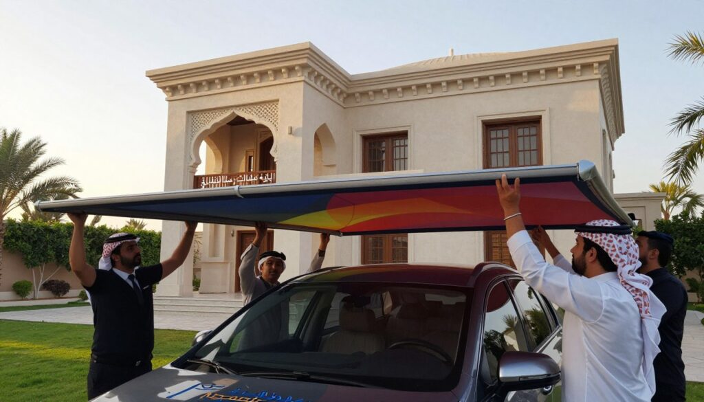 A professional team wearing business attire is diligently installing custom car shades and outdoor canopies at an elegant villa in Saudi Arabia. In the foreground, focus on two workers adjusting a large, colorful canopy, showcasing precision and teamwork. The middle ground features the villa, an exquisite design with traditional architectural features, surrounded by lush greenery. In the background, a clear sky with soft, warm sunlight creates a serene atmosphere, enhancing the beauty of the scene. The image should convey a sense of professionalism, quality craftsmanship, and attention to detail, highlighting "شركة مظلات وسواتر الشرقية" as a leader in providing exceptional shade solutions for outdoor spaces. Use a slightly elevated angle to capture the scope of the installation while ensuring the team is prominently featured.