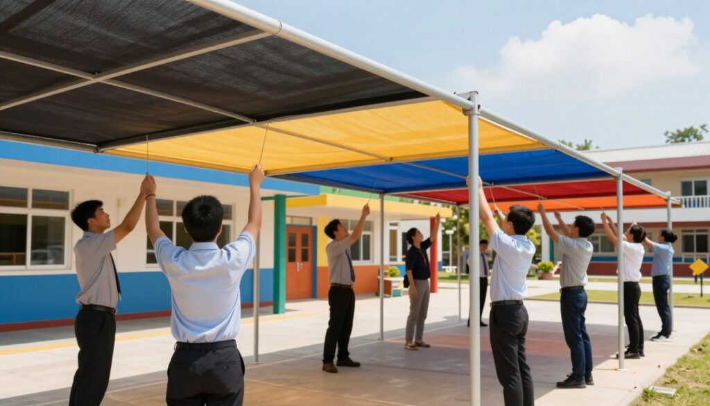 A professional team wearing modest business attire is seen actively installing custom car shades and outdoor canopies in a school setting. In the foreground, workers are adjusting frames and securing fabric for vibrant, safe shades that blend seamlessly with the surroundings. In the middle, there are colorful school structures that show enthusiasm and energy, showcasing the importance of safety and comfort in outdoor areas. The background features a clear blue sky with soft, diffused sunlight, creating a bright and welcoming atmosphere. The scene captures a sense of teamwork and professionalism, emphasizing the quality and reliability of the shade installation, with a focus on safety and aesthetics.