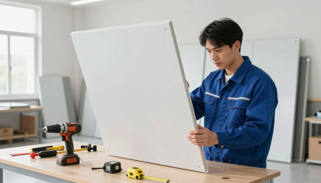 A professional technician in a clean, modern maintenance uniform carefully examines a sandwich panel room, focusing on the high-quality construction and insulation material. The foreground features tools like a drill, measuring tape, and inspection devices neatly arranged on a workbench. In the middle, the sandwich panel room showcases bright lighting, emphasizing the smooth surface of the panels and their fitting. In the background, a well-organized maintenance area is visible, with additional panels and equipment stored neatly. Soft natural light filters through nearby windows, creating a bright, optimistic atmosphere. The scene conveys professionalism, cleanliness, and attention to detail, reflecting the importance of regular maintenance and after-sales service for educational facilities. A professional technician in a clean, modern maintenance uniform carefully examines a sandwich panel room, focusing on the high-quality construction and insulation material. The foreground features tools like a drill, measuring tape, and inspection devices neatly arranged on a workbench. In the middle, the sandwich panel room showcases bright lighting, emphasizing the smooth surface of the panels and their fitting. In the background, a well-organized maintenance area is visible, with additional panels and equipment stored neatly. Soft natural light filters through nearby windows, creating a bright, optimistic atmosphere. The scene conveys professionalism, cleanliness, and attention to detail, reflecting the importance of regular maintenance and after-sales service for educational facilities.