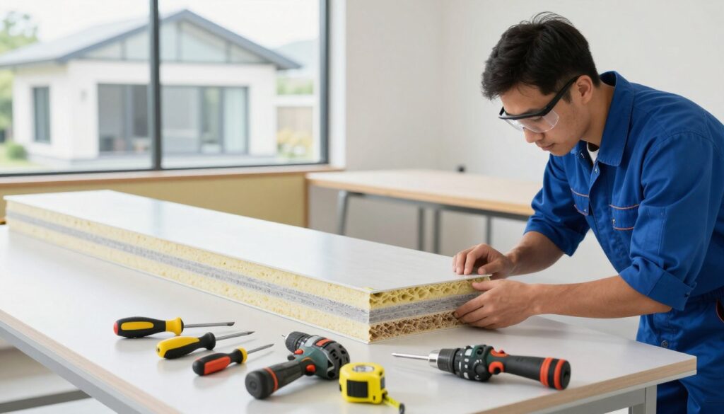 A professional technician in a clean, well-lit workshop inspects and maintains sandwich panel extensions. In the foreground, tools such as screwdrivers, a drill, and a tape measure are neatly arranged. The technician, dressed in a blue uniform and safety goggles, focuses intently on securing a panel. The middle ground features a partially assembled sandwich panel extension with its layered construction visible, showcasing insulation and outer surfaces. In the background, a large window lets in natural light, illuminating an outdoor view of a villa with a modern architectural design. The atmosphere is one of careful precision and professionalism, emphasizing the importance of maintenance in thermal and acoustic insulation for added living spaces.