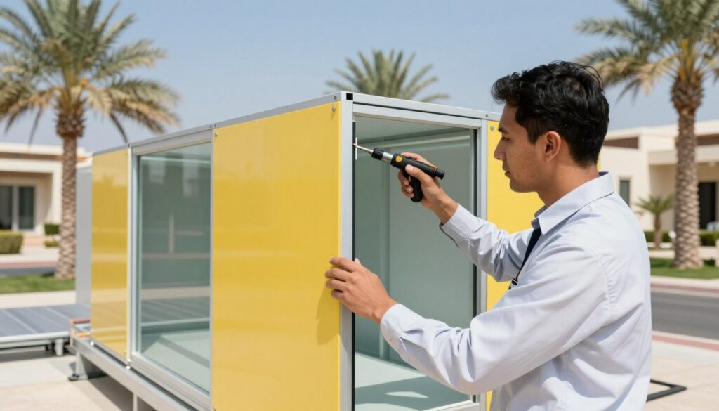A professional technician in neat business attire carefully inspects a modern sandwich panel room under bright, natural light. The foreground features the technician using specialized tools, highlighting hands-on maintenance. In the middle, the sandwich panel room is shown, showcasing its sleek design and vibrant color, emphasizing high-quality insulation and durability. In the background, a lush Saudi landscape is partially visible, including palm trees and modern villas, suggesting the installation context. The scene conveys a sense of professionalism, efficiency, and quality assurance in maintenance work, with a clear blue sky adding to the bright and positive atmosphere. The composition captures the meticulousness and expertise involved in maintaining sandwich panels for optimal performance.