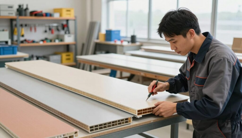 A professional technician performing maintenance on sandwich panels in a well-lit, modern workshop. In the foreground, the technician, wearing smart work attire, is inspecting a panel with tools in hand while focused intently on the task. The middle ground shows neatly arranged sandwich panels of various colors and textures, emphasizing their structure and insulation properties. The background features shelves stocked with tools and equipment, conveying an organized working environment. Soft, natural lighting filters through large windows, creating a bright and inviting atmosphere. The overall mood is industrious, highlighting the importance of care and maintenance for these building materials. The image is composed at eye level, allowing viewers to appreciate the intricacies of sandwich panel maintenance effectively.