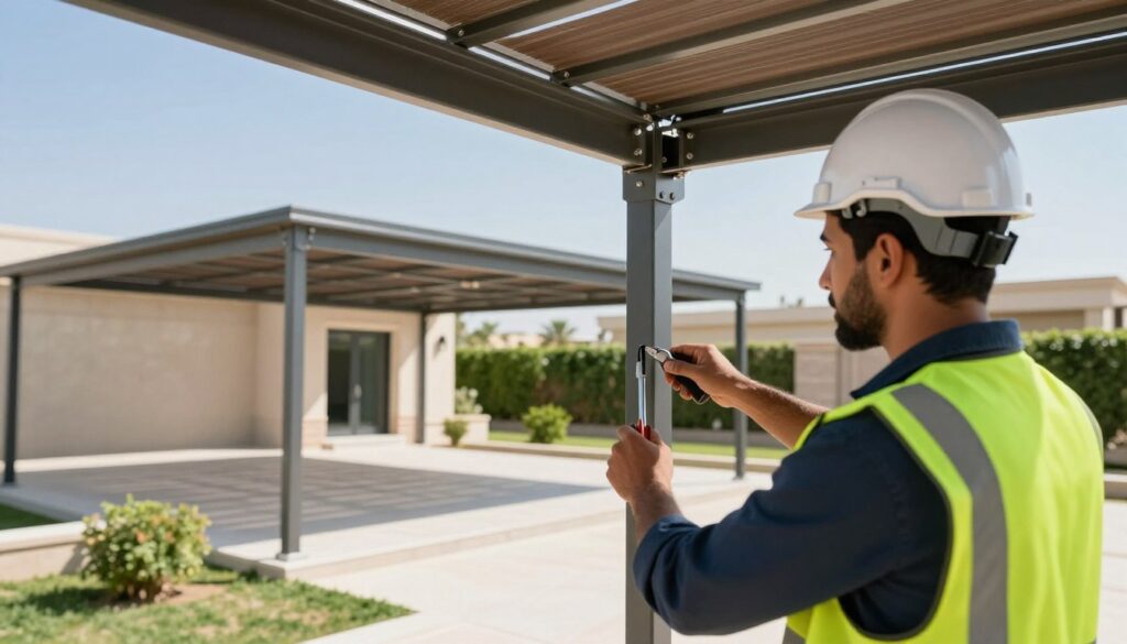 A professional technician wearing a safety helmet and high-visibility vest is engaged in the maintenance of metallic shade structures (سواتر معدنية). In the foreground, focus on the technician using tools to inspect the shade structure, showcasing detailed textures and materials. In the middle ground, depict a series of well-installed custom shade structures surrounding a modern Saudi villa, emphasizing their robust design and functionality. The background features lush greenery and a clear blue sky to convey a sunny, inviting atmosphere. Use bright, natural lighting to highlight the professionalism and quality of the installation, ensuring an overall mood of care and expertise in maintenance. The image should be crisp and detailed, with a slight depth of field effect to emphasize the technician's work.