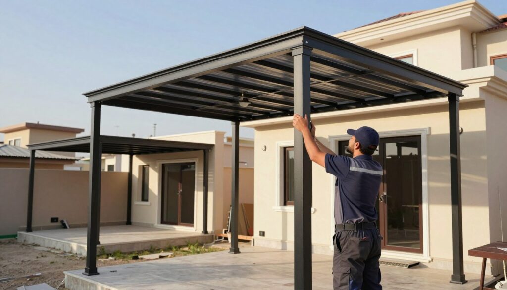 A professionally designed scene showcasing a company specializing in the installation of iron shade structures, set in the vibrant neighborhoods of Al-Nazha and Al-Muraikabat. The foreground features a skilled technician in a business casual outfit installing a custom shade design on a modern villa, highlighting attention to detail and craftsmanship. In the middle ground, display several types of iron shade structures, showcasing varied styles and sizes, demonstrating versatility in design. The background features a clear blue sky with soft, natural sunlight illuminating the scene, creating a warm and inviting atmosphere. Capture the essence of professionalism and innovation, reflecting the company's dedication to quality in outdoor shading solutions.