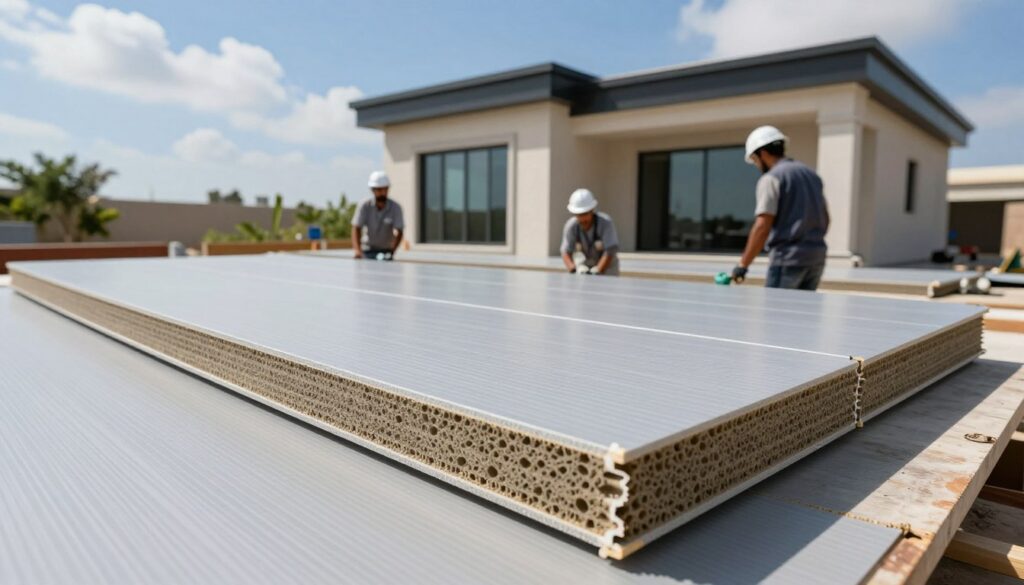 A robust scene showcasing sandwich panels designed for moisture and dust resistance. In the foreground, a close-up view of a sleek sandwich panel with a textured surface and strong seams, catching the light to highlight its durability. In the middle ground, workers in professional attire are seen installing these panels on a modern Saudi villa, emphasizing skill and precision. The background features a clear blue sky with scattered clouds, conveying a perfect day for construction, and hints of surrounding lush greenery. The atmosphere is dynamic and industrious, capturing the essence of innovation in building materials. The lighting is bright and natural, enhancing the colors of the panels and the environment, while maintaining a focus on the panel's features.