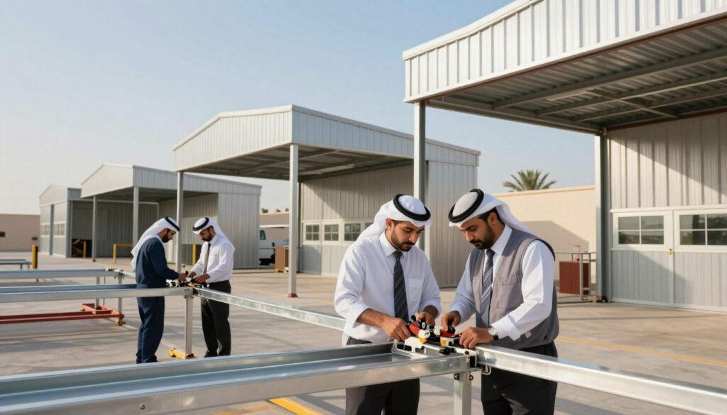 A scene depicting a professional team of skilled workers in business attire, diligently maintaining metallic hangars in a bright, sunny setting in Al-Qatif, Saudi Arabia. In the foreground, workers are using tools and equipment to inspect and repair the hangar structures, showcasing their expertise. The middle ground features several metallic hangars with sleek, modern designs, emphasizing durability and functionality. The background includes a clear blue sky and a few palm trees, enhancing the warm, inviting atmosphere. Soft natural lighting highlights the metallic surfaces and tools, creating a vibrant feel. The overall mood should convey professionalism and dedication to maintaining high-quality structures in a thriving environment.