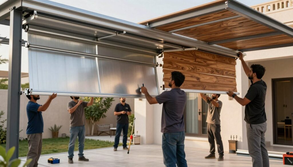 A scene showcasing a professional team installing both metal and wooden shades (سواتر معدنية وخشبية) in a modern outdoor setting. In the foreground, workers clad in professional attire are carefully aligning the shades, using tools and equipment that highlight their craftsmanship. The middle ground features various styles of the shades, showcasing their unique designs and materials, with a mix of sleek metal finishes and textured wood. In the background, a landscaped villa environment, typical of Saudi architecture, provides a warm ambiance with soft, natural lighting illuminating the scene. The mood is industrious and focused, encapsulating a blend of modern manufacturing with traditional aesthetics in a sunlit outdoor space, ideally conveying the importance and versatility of shade solutions.
