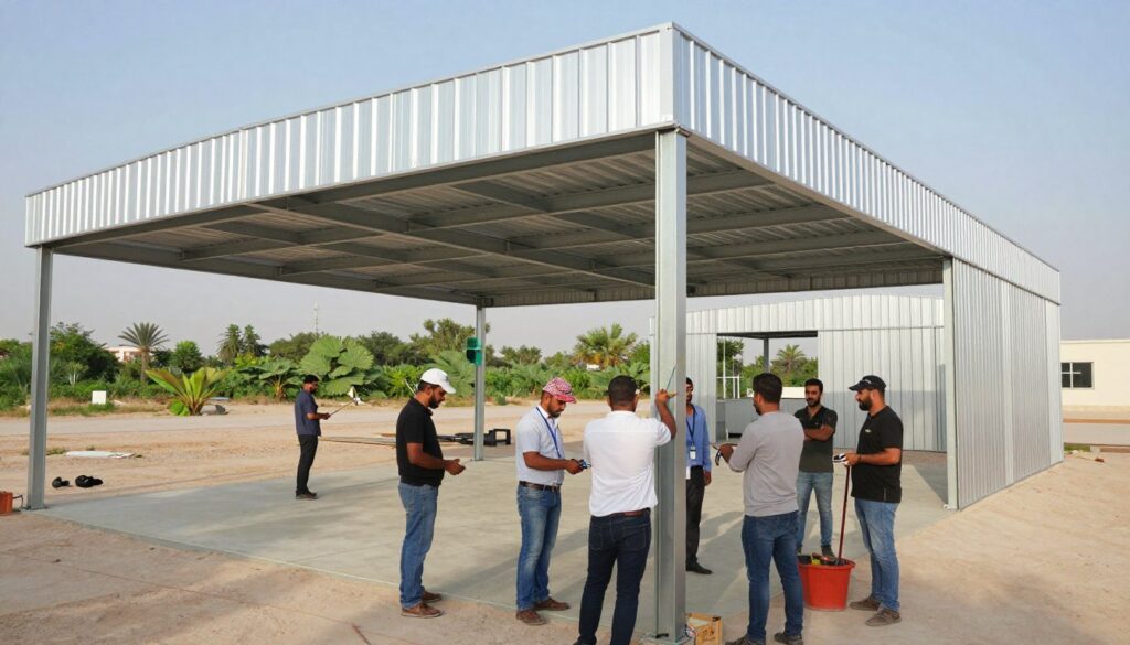 A scene showcasing the installation of metal hangars in Al-Qatif, Saudi Arabia. In the foreground, a professional team of diverse workers dressed in business casual attire is engaged in assembling the structure, using tools and equipment. In the middle, the half-finished hangar frames rise, reflecting a sturdy, industrial design with steel beams and bright aluminum panels, capturing the essence of efficiency and craftsmanship. In the background, the lush greenery of the Al-Qatif landscape contrasts with the metallic presence, under a clear blue sky. Soft sunlight filters through, emphasizing the collaboration and determination of the team. Capture this moment from a slightly elevated angle, focusing on the activity and the transformative nature of the project, evoking a sense of progress and professionalism.