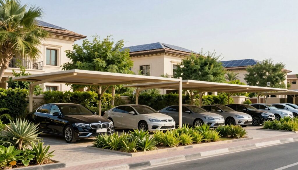 A serene and inspiring scene that emphasizes environmental sustainability, featuring modern car shade structures installed in a luxurious neighborhood in Dhahran. In the foreground, showcase elegant, custom shade structures made from eco-friendly materials, providing shelter to elegantly designed vehicles. In the middle ground, lush greenery with native plants and trees symbolizes ecological commitment, creating a sense of harmony. The background reveals a glimpse of a beautifully designed villa with solar panels on the roof, reflecting an eco-conscious lifestyle. The sky is bright and clear, with gentle, diffused sunlight illuminating the scene, enhancing a positive atmosphere. The composition should evoke a sense of balance between modern living and environmental stewardship, highlighting the beauty of sustainable solutions.