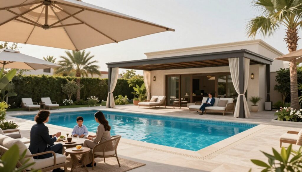 A serene and inviting backyard setting featuring elegant custom shade structures installed over a luxurious swimming pool in a Saudi villa. In the foreground, a beautifully designed pool deck with stylish outdoor furniture, showcasing satisfied clients in professional business attire enjoying the shade of the canopies. The middle ground highlights the sophisticated, modern shade structure, elegantly contrasting with the clear blue water of the pool beneath it. The background reveals a lush garden with palm trees and delicate flowers, enhancing the atmosphere of relaxation and privacy. Soft, warm sunlight filters through the fabric of the shades, creating a peaceful ambiance. The composition should evoke feelings of safety, enjoyment, and aesthetic beauty, emphasizing the significance of custom pool shade solutions for families.
