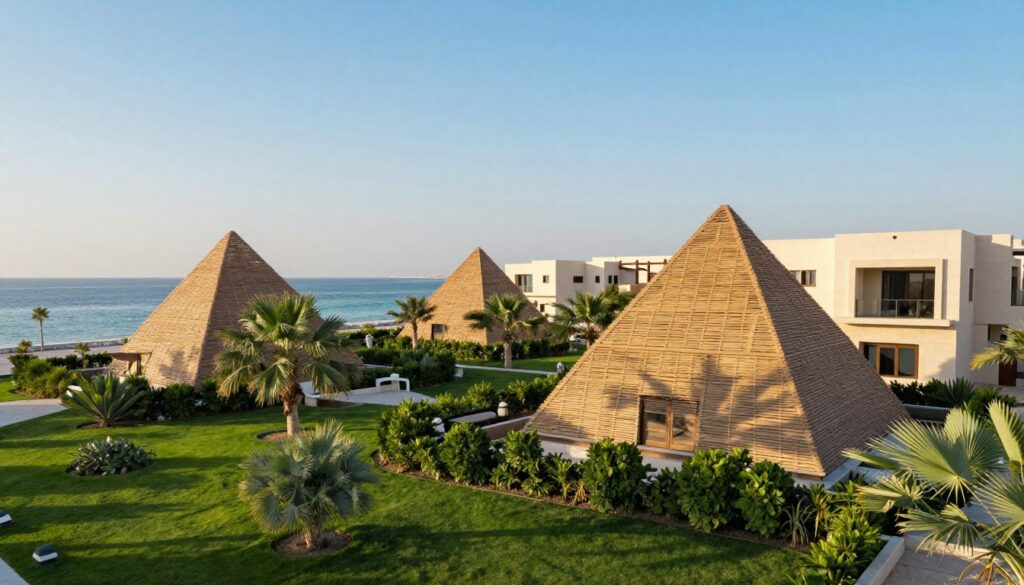 A serene and sustainable outdoor setting showcasing elegant pyramid-shaped shade structures designed for villas in Saudi Arabia. In the foreground, display lush green gardens with native plants promoting environmental sustainability. In the middle, highlight the beautifully crafted pyramid shade structures, blending seamlessly with the modern architectural style of the villas. The background features a tranquil waterfront, accentuated by the gentle waves of the corniche in Dammam, under a clear blue sky. The scene is bathed in warm, golden sunlight, creating a welcoming and harmonious atmosphere. Capture this in a wide-angle perspective to emphasize the grandeur of the structures and their positive impact on the environment. The overall mood should evoke a sense of peace, sustainability, and architectural beauty. A serene and sustainable outdoor setting showcasing elegant pyramid-shaped shade structures designed for villas in Saudi Arabia. In the foreground, display lush green gardens with native plants promoting environmental sustainability. In the middle, highlight the beautifully crafted pyramid shade structures, blending seamlessly with the modern architectural style of the villas. The background features a tranquil waterfront, accentuated by the gentle waves of the corniche in Dammam, under a clear blue sky. The scene is bathed in warm, golden sunlight, creating a welcoming and harmonious atmosphere. Capture this in a wide-angle perspective to emphasize the grandeur of the structures and their positive impact on the environment. The overall mood should evoke a sense of peace, sustainability, and architectural beauty.