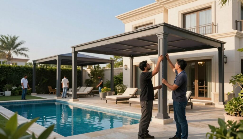 A serene backyard scene featuring a professional team installing elegant pool shade structures at a luxurious Saudi villa. In the foreground, a skilled technician is measuring and adjusting a stylish canopy designed to provide safety and privacy for families while enhancing aesthetic beauty. The middle ground shows the partially completed installation, with sleek, modern shades casting soft shadows over a pristine pool area, complemented by lush greenery and stonework. In the background, you can see the beautiful architecture of the villa, with warm afternoon sunlight illuminating the scene, creating a tranquil and inviting atmosphere. The image should have a clear focus with a subtle depth of field, emphasizing the craftsmanship of the shade structures against a bright blue sky.