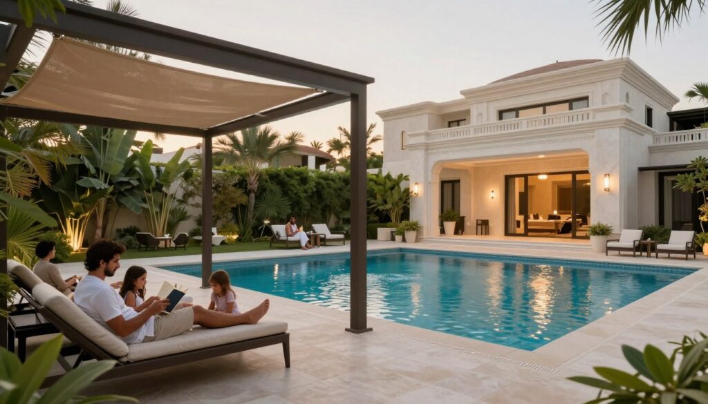 A serene backyard scene showcasing a luxurious villa in Saudi Arabia, featuring a beautifully designed swimming pool area. In the foreground, elegant and modern shade structures provide ample privacy for families enjoying their time. The image captures several family members in modest casual clothing, engaged in relaxing activities like reading or sipping drinks under the shade. In the middle ground, the shimmering pool reflects sunlight, surrounded by lush greenery and tasteful landscaping, enhancing the sense of tranquility. The background reveals the villa’s architectural beauty and sophisticated outdoor furniture. Soft, warm lighting creates an inviting atmosphere, while the angle captures depth, emphasizing the harmony between nature and architecture.