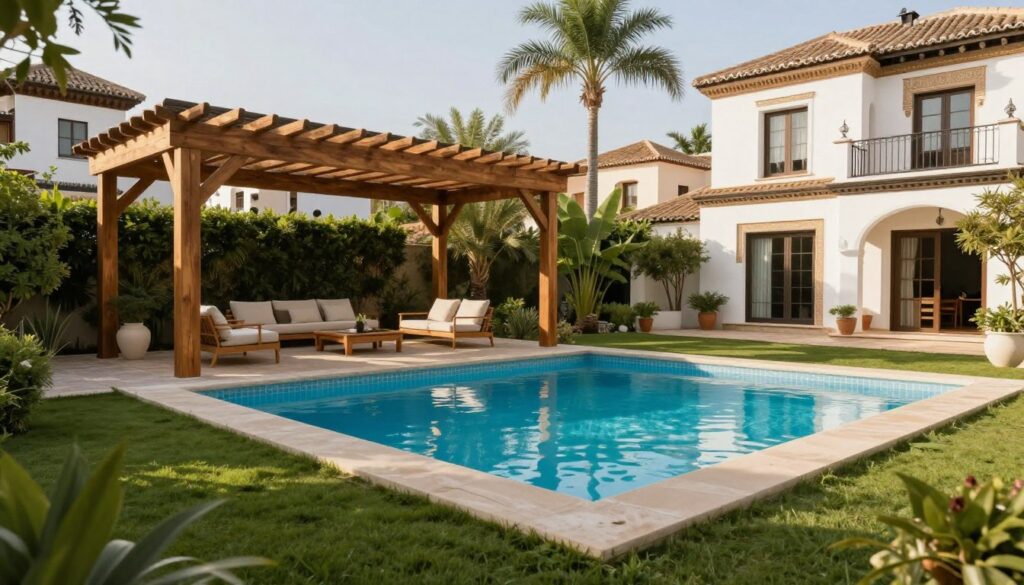 A serene backyard setting featuring a stylish swimming pool adorned with elegant poolside shade structures designed for villas in the Cordoba and Granada neighborhoods. In the foreground, rich green landscaping surrounds the pool, with a modern, sturdy wooden shade structure providing ample coverage from the sun, showcasing its intricate design. The middle ground highlights comfortable outdoor furniture beneath the shade, inviting relaxation. In the background, luxurious villas with architectural elegance stand amidst palm trees, hinting at the affluent lifestyle of the area. The atmosphere is tranquil, with soft sunlight casting gentle shadows, evoking a sense of safety, privacy, and leisure. The image is captured from a slightly elevated angle, enhancing the overall composition and showcasing the beauty of the setting.