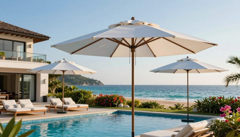 A serene beachside setting showcasing elegant LEXAN umbrellas designed for swimming pools and terraces. In the foreground, focus on three stylish, translucent umbrellas providing shade, emphasizing their sleek design and light-filtering properties. The middle ground features a luxurious villa with a modern architecture style complemented by lush greenery and vibrant flowers surrounding the outdoor area. In the background, a picturesque view of the turquoise ocean meets the clear blue sky, creating a tranquil atmosphere. The lighting is soft and warm, reflecting a late afternoon sun. The image captures a peaceful mood, highlighting the beauty and functionality of the shade structures, perfect for enhancing coastal living experiences. A serene beachside setting showcasing elegant LEXAN umbrellas designed for swimming pools and terraces. In the foreground, focus on three stylish, translucent umbrellas providing shade, emphasizing their sleek design and light-filtering properties. The middle ground features a luxurious villa with a modern architecture style complemented by lush greenery and vibrant flowers surrounding the outdoor area. In the background, a picturesque view of the turquoise ocean meets the clear blue sky, creating a tranquil atmosphere. The lighting is soft and warm, reflecting a late afternoon sun. The image captures a peaceful mood, highlighting the beauty and functionality of the shade structures, perfect for enhancing coastal living experiences.