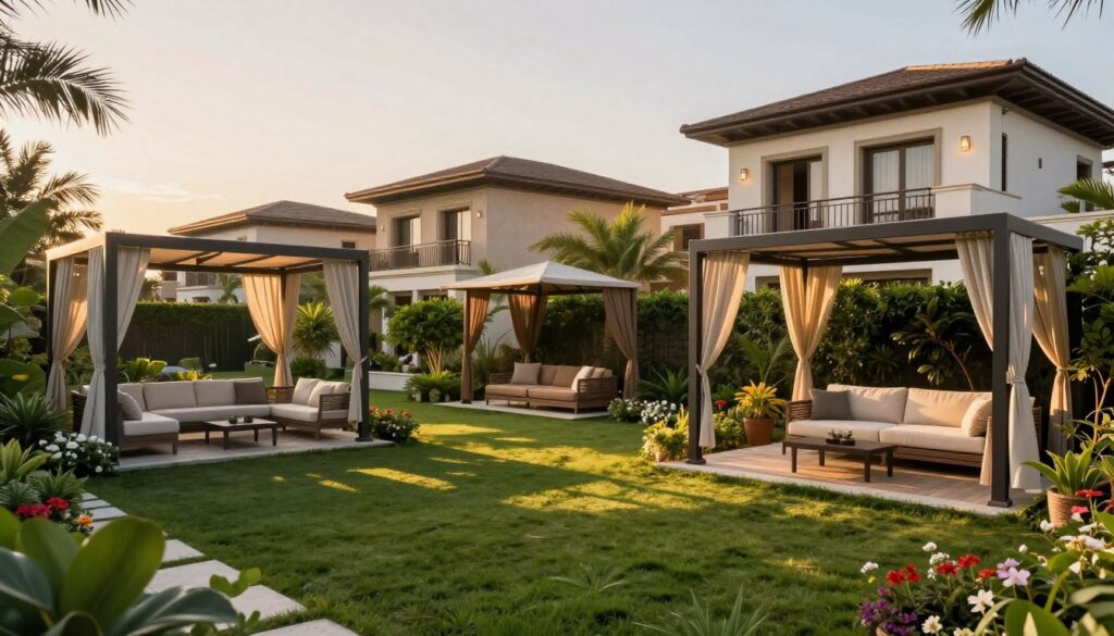 A serene garden scene featuring elegant shade structures designed for upscale villas in the Al-Rayan and Al-Nakheel neighborhoods. In the foreground, showcase a variety of beautifully designed garden canopies, made from high-quality materials, casting soft, dappled sunlight on a well-manicured lawn. The middle ground includes tasteful outdoor seating arrangements with plush cushions under the shade, surrounded by lush greenery and blooming flowers. In the background, there are stylish villas with modern architectural elements, softly illuminated by the warm glow of golden hour lighting. Capture the image from a slightly elevated angle to give an expansive view of the entire setup. The mood is tranquil and inviting, perfect for outdoor gatherings.