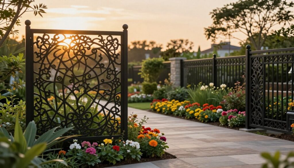 A serene garden scene showcasing metal screens and decorative fences gracefully integrated into landscaped areas. In the foreground, crafted metal screens with intricate patterns entwine with lush greenery, while sturdy fences frame flower beds bursting with vibrant blooms. In the middle ground, pathways lead through the garden, inviting visitors to immerse themselves in nature. The background features soft lighting from a golden sunset, casting warm hues across the scene, enhancing the tranquil atmosphere. The perspective captures the elegance of the garden setup, with an emphasis on the craftsmanship of the metal installations. The overall mood is peaceful and inviting, perfect for illustrating a serene outdoor environment.