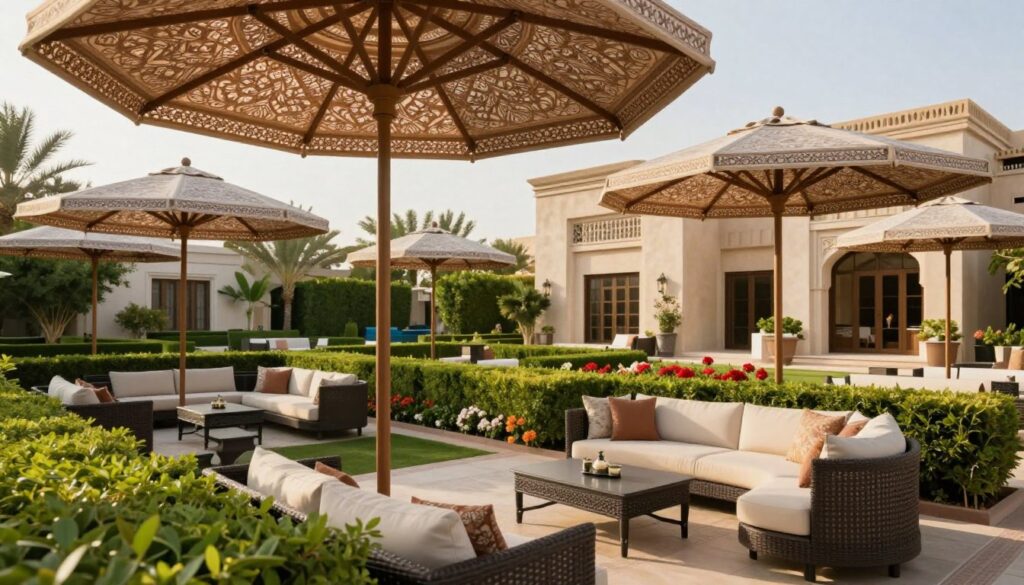 A serene garden setting featuring elegant outdoor shade structures, specifically designed for luxury villas in the eastern region of Saudi Arabia. In the foreground, beautifully crafted garden umbrellas with intricate patterns provide ample shade over a stylish outdoor seating arrangement, complete with plush cushions and a chic coffee table. The middle ground showcases lush greenery, including meticulously trimmed hedges and vibrant flower beds, enhancing the tranquil atmosphere. The background features elegant villa architecture, capturing the unique style of the area. Soft, warm sunlight filters through the umbrellas, casting gentle shadows on the ground. The overall mood is sophisticated and inviting, perfect for upscale outdoor gatherings. Use a wide-angle lens to emphasize the spaciousness and elegance of the setting, ensuring no text or branding is visible.