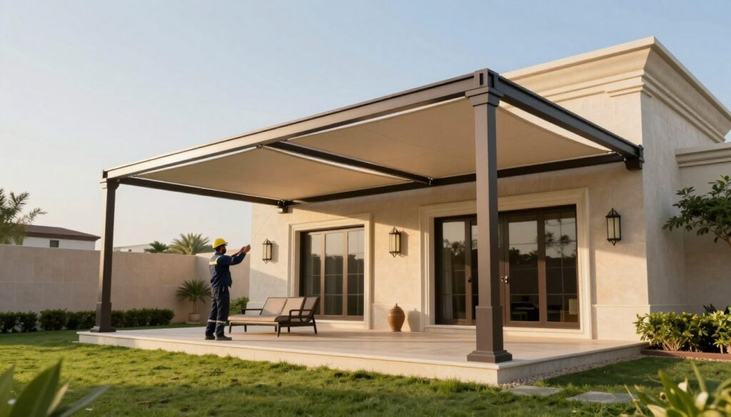 A serene landscape depicting the professional installation of custom shade structures in an upscale Saudi villa. In the foreground, a well-dressed technician, wearing professional work attire, is carefully adjusting one of the stylish shade structures to ensure optimal light diffusion and privacy. The middle ground features the elegant villa, showcasing its architectural beauty with high walls and lush greenery. The background captures a clear blue sky with soft, diffused sunlight illuminating the scene, creating a warm and inviting atmosphere. The angle is slightly elevated, allowing a panoramic view that emphasizes the interplay between the shade structures and the villa, highlighting the product’s functionality and integration into the luxurious setting.