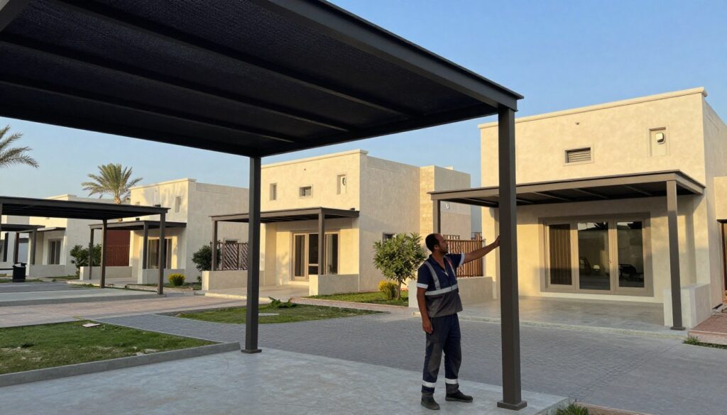 A serene neighborhood scene in حي النزهة والمريكبات, showcasing the professional installation of custom shade structures around modern villas and houses. In the foreground, a skilled worker in professional attire is carefully installing a stylish, contemporary shade structure, emphasizing craftsmanship and design. The middle ground features several completed installations, showcasing various designs and colors of the shade structures, blending harmoniously with the architectural style of the villas. The background includes palm trees and a clear blue sky reflecting the warm and inviting atmosphere of a sunny day in Saudi Arabia. Soft, diffused lighting enhances the details of the shade structures, creating inviting shadows. The overall mood is professional and welcoming, illustrating high-quality workmanship and attention to detail, perfect for communicating with potential clients.