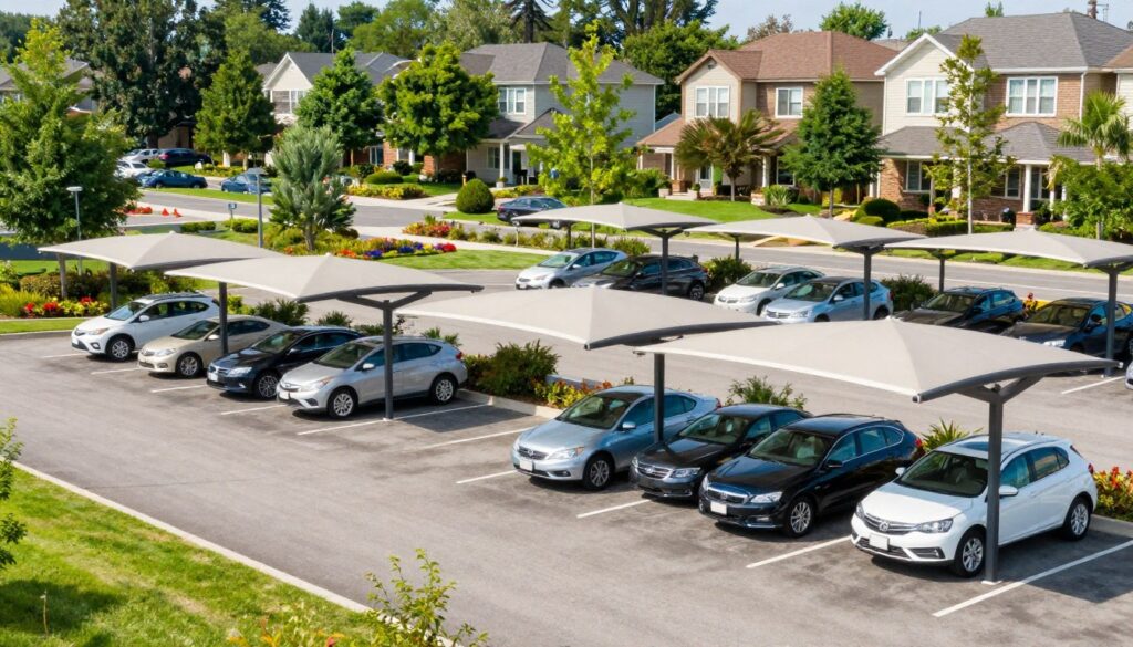 A serene outdoor parking area featuring modern car parking shade structures. In the foreground, showcase several elegant and functional shade canopies in various styles, highlighting their design and utility. The middle ground should include well-parked vehicles, emphasizing organization and accessibility. In the background, depict a lush, green residential neighborhood that conveys a sense of community. The lighting should be bright and cheerful, capturing a sunny day, with soft shadows cast by the shade structures. Use a wide-angle lens to create depth and perspective, showcasing the totality of the area while maintaining a clean and professional atmosphere suitable for a community-focused article.