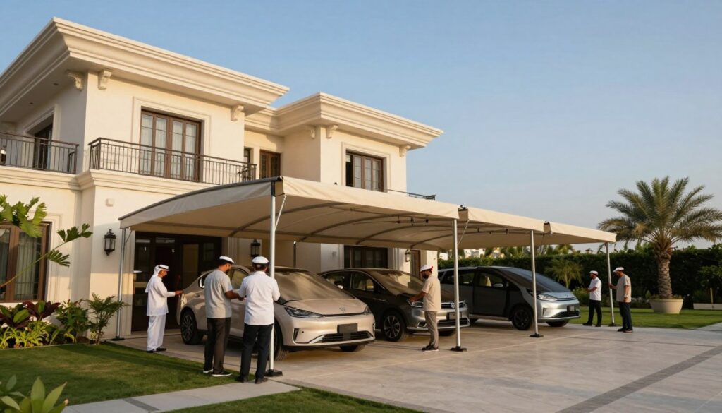 A serene outdoor scene depicting a professional team installing custom car shades and outdoor canopies for a luxurious villa in Saudi Arabia. In the foreground, skilled workers in professional attire are meticulously setting up the elegant, curved canopies that provide both aesthetic appeal and functionality. The middle ground features the beautiful villa with its modern architecture, complemented by lush greenery. In the background, a clear blue sky enhances the atmosphere of tranquility and elegance. The lighting is warm and inviting, creating soft shadows for depth. The scene captures the harmony between design and utility, reflecting the contemporary trend of stylish outdoor living spaces. The composition is taken from a slightly elevated angle, emphasizing the integration of the shades with the villa's architecture. A serene outdoor scene depicting a professional team installing custom car shades and outdoor canopies for a luxurious villa in Saudi Arabia. In the foreground, skilled workers in professional attire are meticulously setting up the elegant, curved canopies that provide both aesthetic appeal and functionality. The middle ground features the beautiful villa with its modern architecture, complemented by lush greenery. In the background, a clear blue sky enhances the atmosphere of tranquility and elegance. The lighting is warm and inviting, creating soft shadows for depth. The scene captures the harmony between design and utility, reflecting the contemporary trend of stylish outdoor living spaces. The composition is taken from a slightly elevated angle, emphasizing the integration of the shades with the villa's architecture.