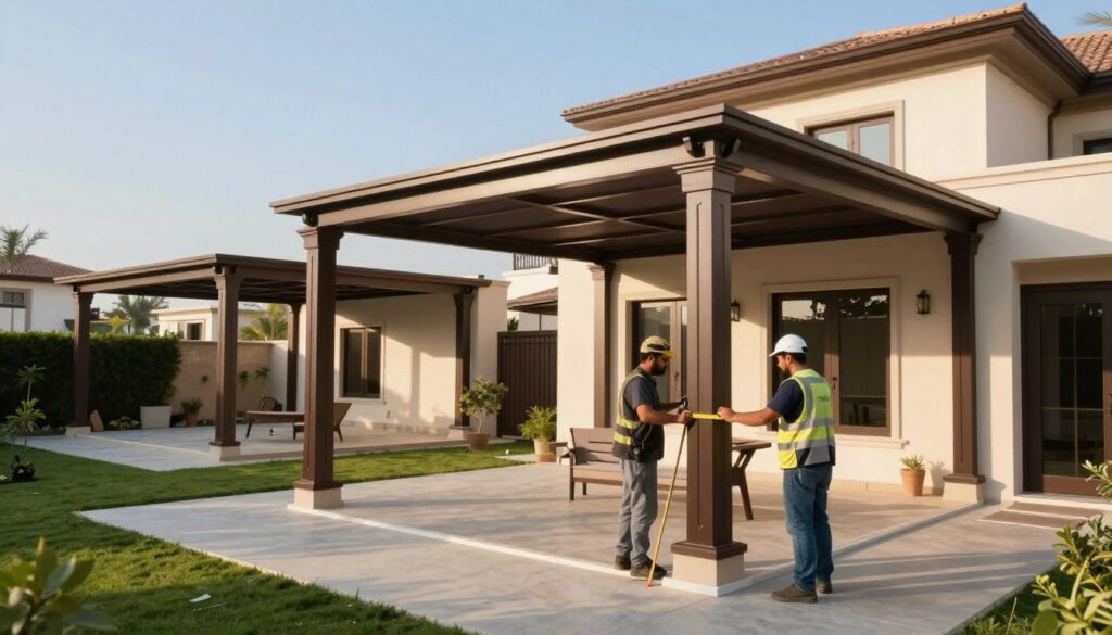 A serene outdoor scene showcasing the installation of high-quality shade structures in a residential backyard in Dammam, Saudi Arabia. In the foreground, skilled workers in professional attire are carefully measuring and assembling a stylish custom shade structure, reflecting a commitment to quality. The middle ground displays the nearly completed installation, emphasizing the durable materials and elegant design that enhance the villa's aesthetic. In the background, you can see a beautifully landscaped garden under a clear blue sky, with warm sunlight casting soft, inviting shadows. The atmosphere is peaceful yet industrious, highlighting the importance of quality in home improvement projects. The image should evoke a sense of professionalism and dedication to craftsmanship.