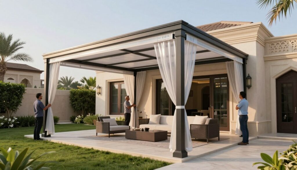 A serene outdoor scene showcasing the professional installation of custom Lexan shade structures in a luxurious Saudi villa. In the foreground, highlight the sleek, translucent shade panels that allow light diffusion while providing privacy. Skilled workers in smart business attire are carefully adjusting the structures, embodying expertise and professionalism. The middle ground features beautifully landscaped gardens surrounding the villa, with traditional architectural elements visible. In the background, the clear blue sky creates a tranquil ambiance, enhanced by soft, natural lighting that emphasizes the features of the shade structures. The image conveys a sense of elegance and comfort, illustrating the perfect balance between aesthetic appeal and functionality in outdoor living spaces.