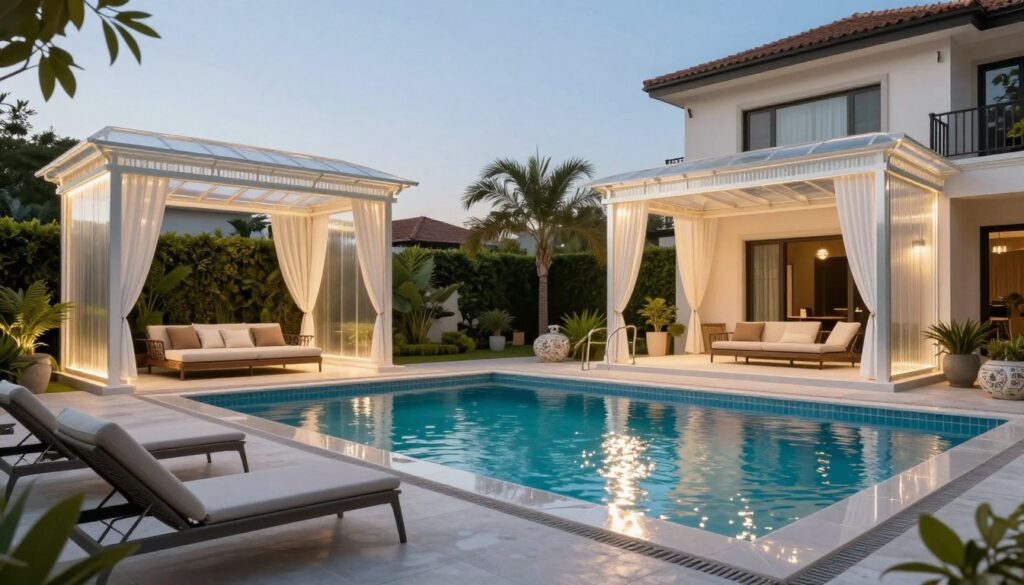A serene outdoor setting featuring a luxurious swimming pool surrounded by elegant polycarbonate shade structures, skillfully installed in a modern villa backyard. In the foreground, showcase sleek, contemporary lounge chairs and a polished edge of the pool reflecting sunlight. The middle area includes well-maintained greenery and decorative tiles, creating an inviting atmosphere. In the background, depict a clear blue sky and the stylish architecture of the villa, emphasizing tranquility and privacy. The lighting should be warm and inviting, highlighting the features of the shade structures and the sparkling water. Capture the essence of comfort, beauty, and safety in this family-friendly environment, ensuring the overall mood is one of relaxation and enjoyment.