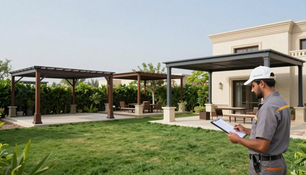 A serene outdoor setting featuring a well-maintained garden of a Saudi villa, highlighting various shade structures, such as elegant pergolas and modern canopies. In the foreground, display a professional installer in modest work attire reviewing a maintenance checklist, ensuring the shade structures are in top condition. The middle ground showcases multiple types of shade structures, demonstrating diverse materials and styles that complement the architecture of the villa. The background features lush greenery and a clear blue sky, creating a peaceful atmosphere. Soft, natural lighting bathes the scene, emphasizing the textures of the shade materials and the vibrant colors of the garden, while capturing a sense of professionalism and care in the maintenance of outdoor structures.