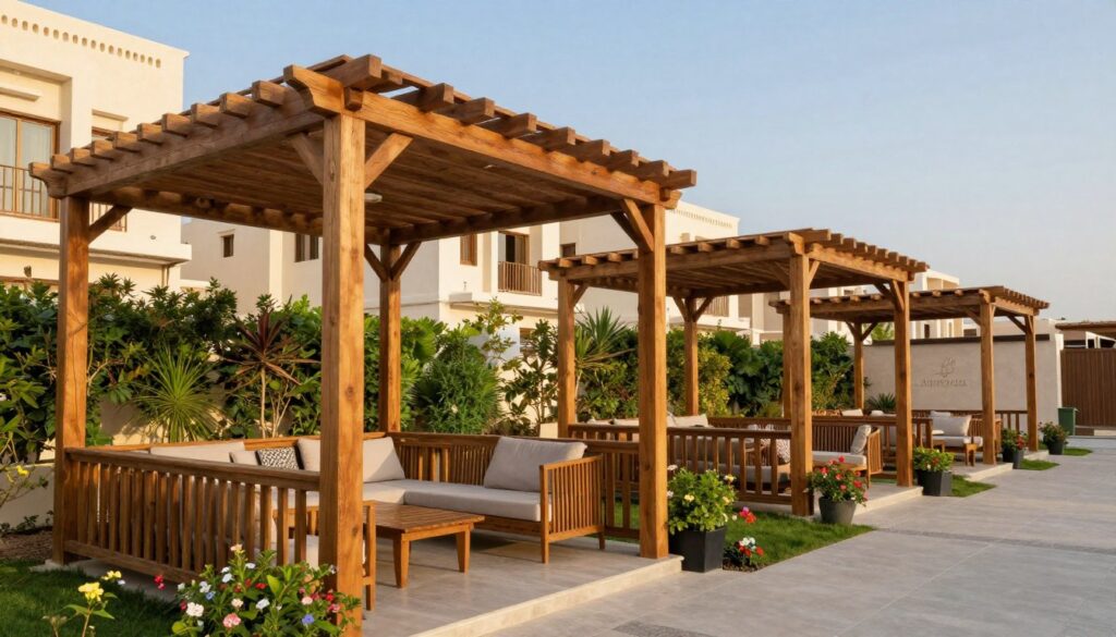 A serene outdoor setting featuring natural wooden pergolas in a modern Riyadh neighborhood, emphasizing their warm and inviting design. In the foreground, a sturdy wooden pergola provides shade over a well-kept garden space adorned with vibrant flowers and lush greenery. The middle distance showcases a stylish patio area with comfortable seating, inviting relaxation. The background reveals a row of contemporary Saudi villas, blending traditional architecture with a modern twist, under a clear blue sky. Soft, golden afternoon light bathes the scene, highlighting the textures of the wood and greenery. The atmosphere is calm and welcoming, ideal for a warm climate, suggesting a perfect blend of functionality and aesthetic appeal. No humans are present in the image, ensuring a focus on the pergolas.