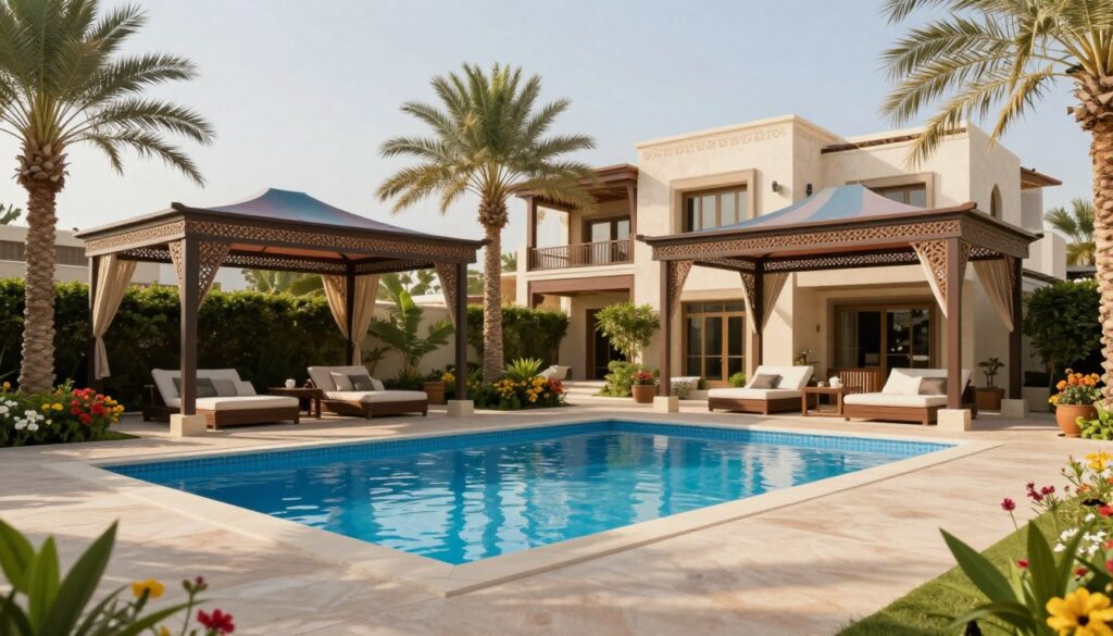 A serene outdoor setting featuring permanent pool shade structures installed at a luxurious villa in Saudi Arabia. In the foreground, show intricately designed shade canopies in elegant colors, providing ample coverage over a sparkling blue pool. The middle ground includes a beautifully landscaped garden with palm trees and vibrant flowers, creating a tropical ambiance. In the background, showcase a stunning architectural view of the villa, highlighting its modern design elements. The lighting is warm and inviting, suggesting a sunny day, with soft shadows dancing on the ground. The atmosphere conveys a sense of safety, privacy, and elegance, ideal for family gatherings and relaxation. The overall composition should emphasize the beauty and functionality of the shade structures, inviting viewers to imagine a tranquil oasis.
