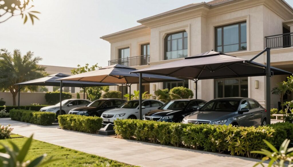 A serene outdoor setting featuring professionally installed car shade structures in a modern Saudi villa. In the foreground, showcase elegant umbrellas in various designs and materials, providing ample shade for vehicles. The middle ground highlights a well-manicured garden with lush greenery, complementing the sophistication of the carports. In the background, depict a stylish, contemporary villa, accentuated by the bright sunlight that casts soft shadows, enhancing the inviting atmosphere. Use natural, soft lighting to create a warm and welcoming mood, while ensuring the perspective captures the grandeur of the scene. The angle should be slightly elevated, offering a comprehensive view of the installation while maintaining a focus on the well-designed shade structures. The overall composition should exude professionalism and aesthetic appeal, ideal for showcasing modern shade solutions.