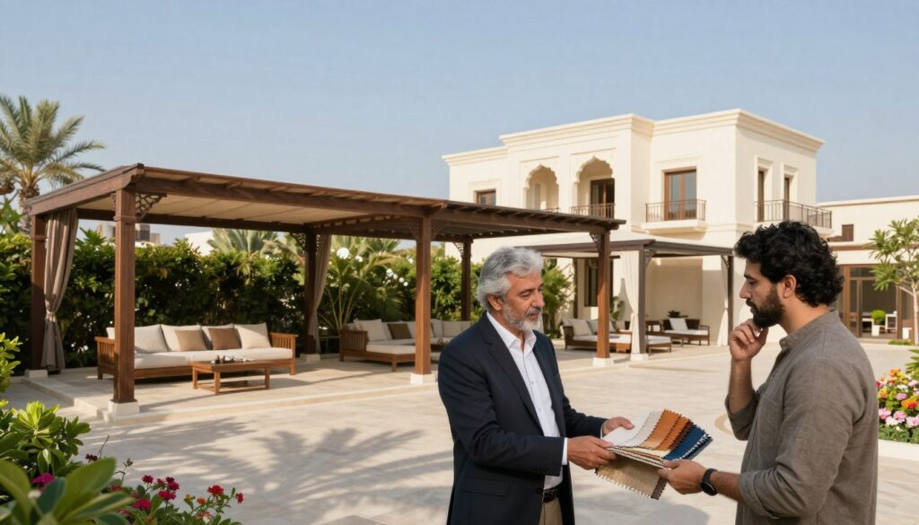 A serene outdoor setting showcasing various customized shade structures installed at an elegant Saudi villa. In the foreground, a knowledgeable consultant, dressed in professional attire, examines fabric swatches while discussing options with a homeowner, who appears thoughtful and engaged. The middle ground features a range of exquisite shade structures, from traditional designs to modern canopies, highlighting their functionality and aesthetic appeal. In the background, the villa's architectural beauty stands out against a clear blue sky, with lush greenery and blooming flowers enhancing the scene. Soft, natural lighting casts gentle shadows, creating a warm and inviting atmosphere. The overall mood conveys expertise, professionalism, and the importance of selecting the ideal shade structure for comfort and style.