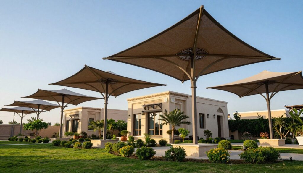 A serene outdoor setting showcasing various stylish shade structures suitable for villas in the Eastern Province of Saudi Arabia. In the foreground, display elegantly designed pyramidal canopies providing shade over a well-manicured garden area, featuring intricate patterns that reflect local architectural styles. The middle ground should include a modern villa with large windows, surrounded by lush greenery and decorative plants, emphasizing the harmony between the structure and its environment. In the background, depict a clear blue sky typical of the region, with a soft, warm sunlight illuminating the scene. The mood is tranquil and inviting, perfect for a residential area. The composition should have a slight perspective upwards to enhance the majestic feel of the shades and villas, creating a professional yet inviting atmosphere. A serene outdoor setting showcasing various stylish shade structures suitable for villas in the Eastern Province of Saudi Arabia. In the foreground, display elegantly designed pyramidal canopies providing shade over a well-manicured garden area, featuring intricate patterns that reflect local architectural styles. The middle ground should include a modern villa with large windows, surrounded by lush greenery and decorative plants, emphasizing the harmony between the structure and its environment. In the background, depict a clear blue sky typical of the region, with a soft, warm sunlight illuminating the scene. The mood is tranquil and inviting, perfect for a residential area. The composition should have a slight perspective upwards to enhance the majestic feel of the shades and villas, creating a professional yet inviting atmosphere.