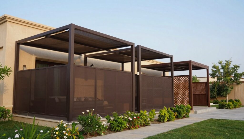 A serene outdoor setting showcasing various types of لكسان shade structures installed around a beautifully designed Saudi villa. In the foreground, feature three distinct styles of سواتر لكسان: a tall, solid panel structure providing privacy, a semi-transparent option allowing for filtered light, and a decorative lattice design offering a unique aesthetic. The middle ground includes lush greenery and flowers surrounding the villa, enhancing the calm atmosphere. In the background, a clear blue sky adds depth. Use soft, natural lighting to create a warm and inviting mood. The angle should be slightly elevated, capturing both the intricacies of the shade structures and the surrounding landscape, emphasizing their role in enhancing outdoor living spaces. Avoid any captions or text overlays in the image.