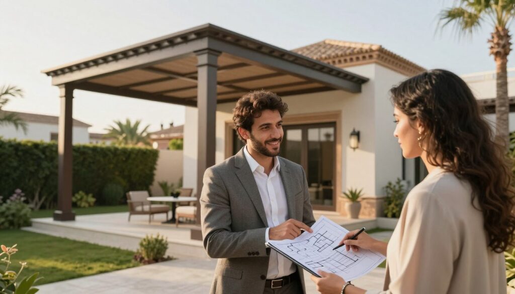A serene, professional scene depicting a consultation for the installation of custom shade structures in a modern Saudi villa in Granada. In the foreground, a friendly consultant in business attire is discussing plans with a homeowner, pointing at detailed blueprints on a tablet. The middle ground features a beautifully designed shade structure that provides both function and elegance, emphasizing contemporary architectural lines and materials. In the background, the villa showcases traditional Saudi design elements harmoniously blending with modern aesthetics, surrounded by lush gardens. The lighting is warm and inviting, suggesting a sunny afternoon, with soft shadows adding depth to the image. The atmosphere feels collaborative, showcasing the theme of free consultation and professional service. No text or watermarks in the image.
